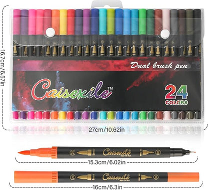 CAISEXILE 24 Colors Duo Tip Pen Art Markers, Artist Fine & Brush Tip Marker Coloring Markers for Adult Coloring Books Journaling Note Taking Lettering Calligraphy Drawing Pens Supplies