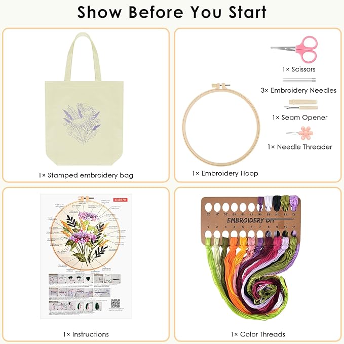 ERKOON Canvas Tote Bag Embroidery Kit for Beginners, Floral Arts Crafts Cross Stitch Kits for Adults Including Stamped Embroidery Bag with Hoops, Needle, Instruction and Color Threads(Colorful Time)