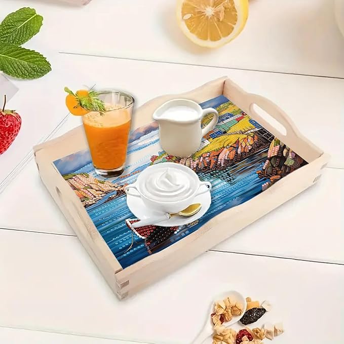 DoxQcs DIY Diamond Art Wooden Tray Kit Easter Food Tray with Handle Diamond Painted Table Decoration Tray for Breakfast Bar Dinner Table Diamond Art Painting for Beginners-#17-Seaside Village