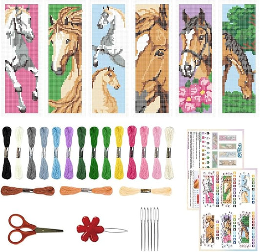 ORIGACH 6 Set Horse Cross Stitch Bookmark Kit for Beginner with Backing Felt Floss Instructions DIY Stamped Embroidery Bookmark Kit for Adults, Book Lovers