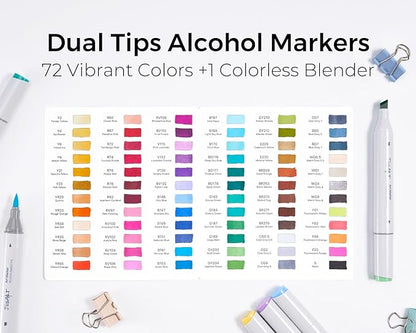 JusArt Alcohol Brush Markers, 72 Colors Dual Tip Art Markers with Brush & Chisel, Alcohol Based Marker Set for Adult Coloring Books, Drawing, Illustration, Sketching, No Bleed Ink Art Supplies