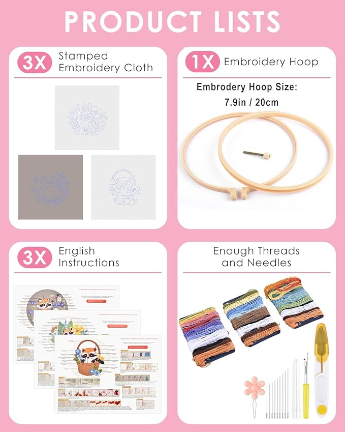 TINDTOP 3 Pack Embroidery Kit for Adult Beginners, Embroidery DIY Starter Kit, with Raccoon Stamped Patterns, Hoop, Tools, Colorful Threads with Needles, Instructions