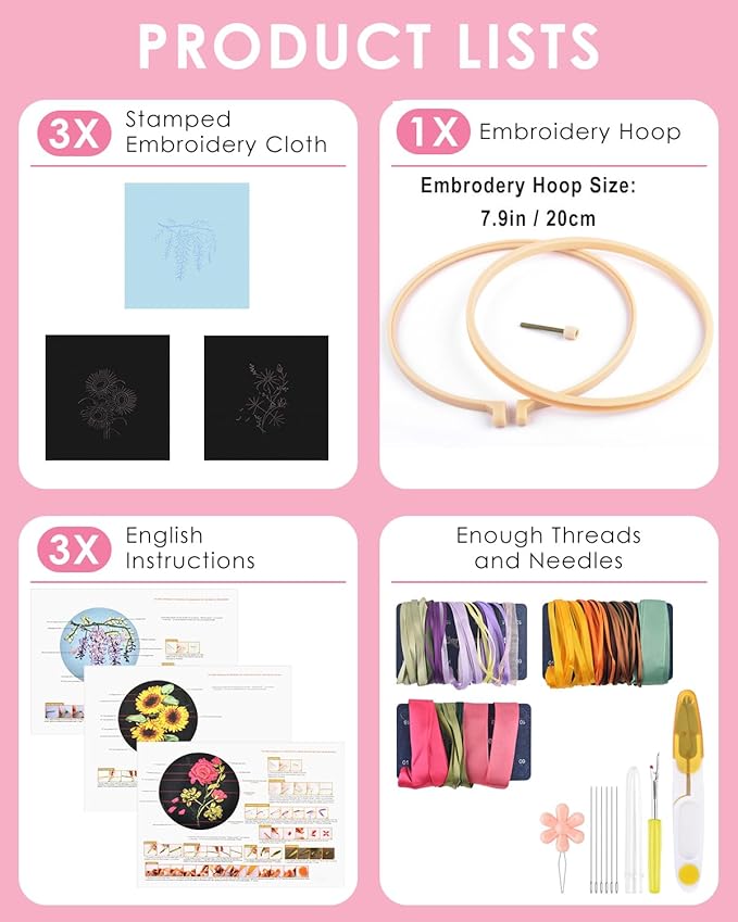 TINDTOP Embroidery Kit for Adult, Ribbon Embroidery Kit for Beginners for Craft Lover Hand Stitch with Embroidery Skill Techniques (Flowers)