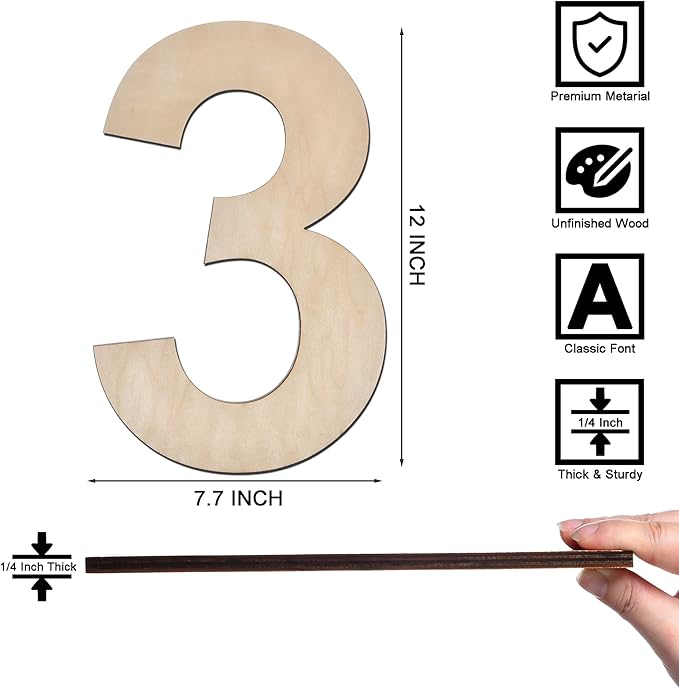 12 Inch Wooden Number 3, 1/4 Inch Thick Large Unfinished Wood Number for Home Wall Decor, DIY Crafts