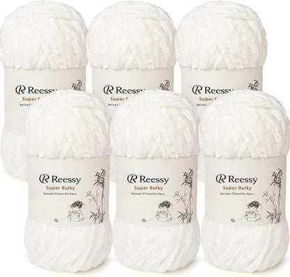Velvet Chenille Yarn Pack – 6 Skeins × 100g Super Bulky (CYC #6) – Soft Velvet Chunky for Crocheting & Knitting, Fluffy Chenille Yarn for Blankets, Scarves & Crafts (White)