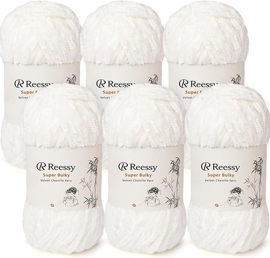 Velvet Chenille Yarn Pack – 6 Skeins × 100g Super Bulky (CYC #6) – Soft Velvet Chunky for Crocheting & Knitting, Fluffy Chenille Yarn for Blankets, Scarves & Crafts (White)