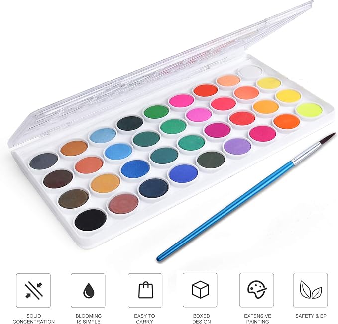 AROIC Watercolor Paint Set, 36-Color Watercolor Paint with 10 Brushes, Non-Toxic Washable Watercolors for Adults, Art Supplies for Painting, Drawing, DIY Crafts, School, Classroom, Artist Use for Age 12+