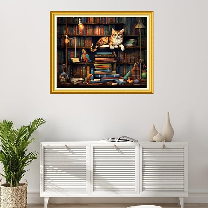 Foxhool Stamped Cross Stitch Kits,11CT Printed Cross Stitch Pattern Full Embroidery Kits for Beginner Needlepoint Kits-Cat Bookstore 16x20 inchs