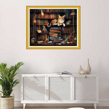 Foxhool Stamped Cross Stitch Kits,11CT Printed Cross Stitch Pattern Full Embroidery Kits for Beginner Needlepoint Kits-Cat Bookstore 16x20 inchs