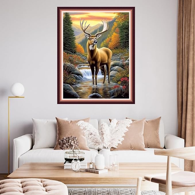 Fanxvivy Stamped Cross Stitch Kits for Beginners Full Range of Cross Stitching Preprinted Embroidery Kits for Adults, 11CT Embroidery Pattern Needlepoint Kits-Early Morning elk 16x20 inch