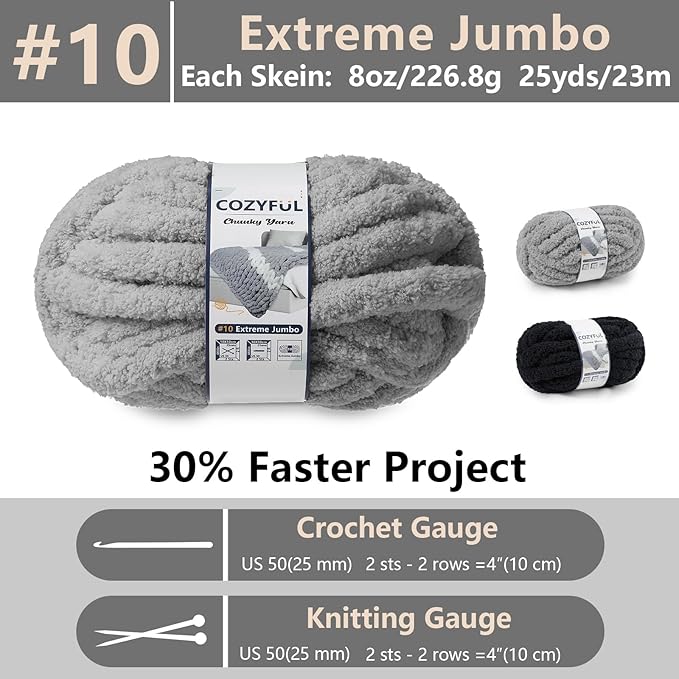 Chunky Yarn for Hand Knitting - #10 Chunky Chenille Yarn, Jumbo Big Thick Chunky Yarns for Crocheting, Super Bulky Chunky Knit Blanket Yarns, 8 Skein (25yd, 8oz/Skein), Black & Grey