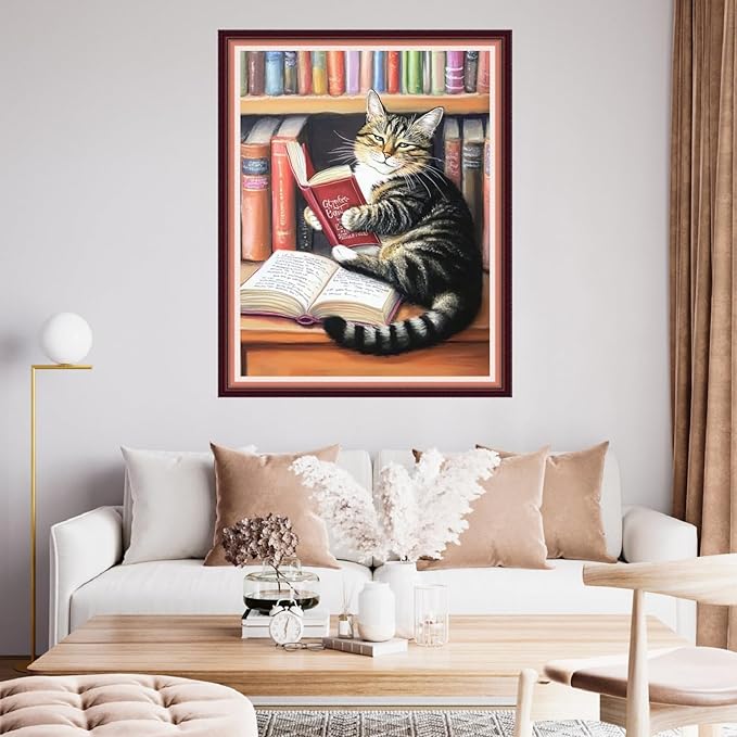 Fanxvivy Stamped Cross Stitch Kits for Beginners Full Range of Cross Stitching Preprinted Embroidery Kits for Adults, 11CT Embroidery Pattern Needlepoint Kits-Cat Reading 16x20 inch