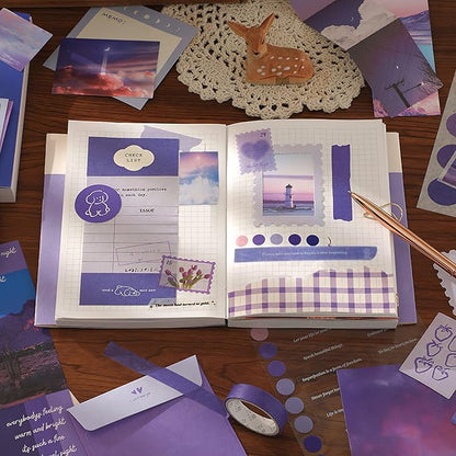 Draupnir Aesthetic Scrapbook Kit(348pcs), Bullet Junk Journal Kit with Journaling/Scrapbooking Supplies, Stationery,A6 Grid Notebook with Graph Ruled Pages DIY Scrapbook Gift for Girl Kid(Moonlight)