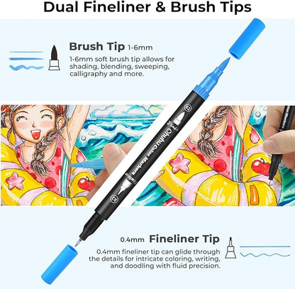 Ohuhu Markers for Adult Coloring Books: 100 Colors Brush Pens Dual Brush Fine Tip Drawing Pens Water-Based Coloring Markers for Calligraphy Bullet Journal with Carrying Case - Maui - Black