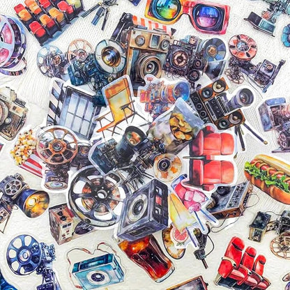 50 Pcs Vintage Movie Projector Stickers Clear Film Camera Retro Cinema Aesthetic Scrapbook Decals Waterproof PET Stickers for Journals Laptops Notebooks Art Crafts