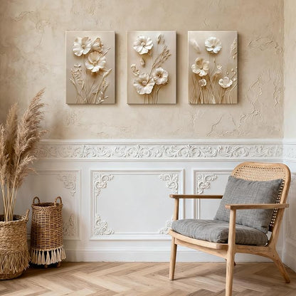 WENGTIAO 3Pcs Beige Flower Canvas Wall Art Prints Neutral Floral Plant Wall Painting Minimalist Botanical Blossom Poster Picture Vintage Artwork Home Decor for Living Room Bedroom Office 16”x24”x3Pcs