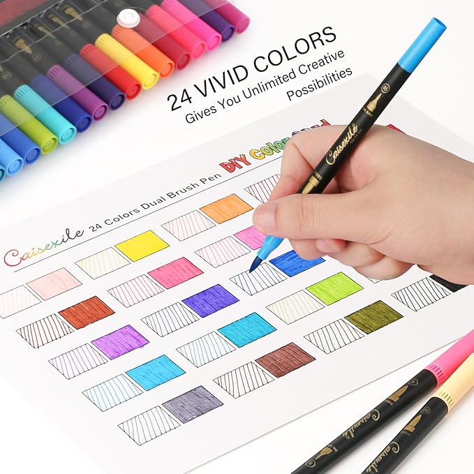 CAISEXILE 24 Colors Duo Tip Pen Art Markers, Artist Fine & Brush Tip Marker Coloring Markers for Adult Coloring Books Journaling Note Taking Lettering Calligraphy Drawing Pens Supplies