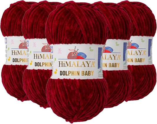 5 Skein/Pack Himalaya Dolphin Baby Chenille Yarn, Each Ball 100 gr (3.5 oz), 120 m (132 Yards), 100% Polyester, Super Bulky Baby Blanket Velvet Amigurumi Yarn, 80322 - Burgundy