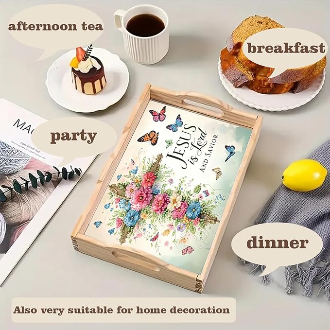 SHLUHA Diamond Art Kits for Adults Diamond Painting Wooden Serving Trays with Handle Food Tray for Party Breakfast Home Decor Gift