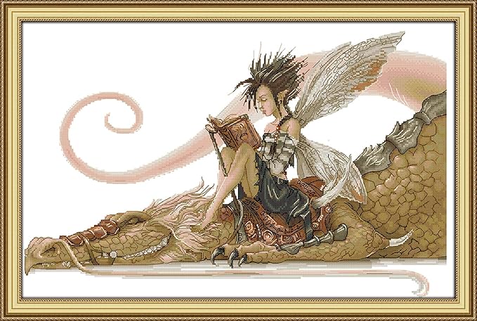 Funcrostitch Counted Cross Stitch Kits for Beginners,14ct Unprinted Pattern Embroidery Kit Dmc Cotton Threads Needleworks for Adults-The Girl Sat On The Dragon Reading A Book 20.8"×14.2"