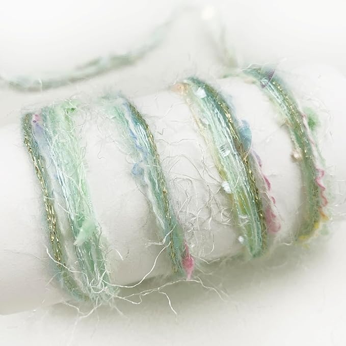 Hand-Blended Multifiber Multicolored Fancy Yarn with Iridescent Glitters for Knitting Crocheting Crafts DIY, Set of 3 Rolls (Light Green)
