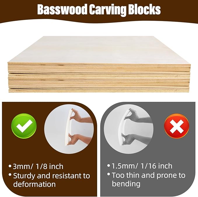 12 Pack Basswood Sheets 1/8, 3mm Basswood for Laser Cutting, Wood for Crafts 12x12 in, Suitable for Handmade, Painting, Charcoal Art and DIY Projects
