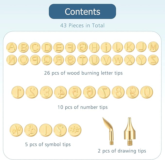 Lothee 43 Pcs Wood Burning Tips Kit, Wood Burning Letters Numbers Alphabet Stamps Stencils Templates for Embossing Branding Crafts Personalization Tools Gift for Dad(Alphanumeric)