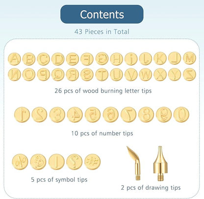 Lothee 43 Pcs Wood Burning Tips Kit, Wood Burning Letters Numbers Alphabet Stamps Stencils Templates for Embossing Branding Crafts Personalization Tools Gift for Dad(Alphanumeric)