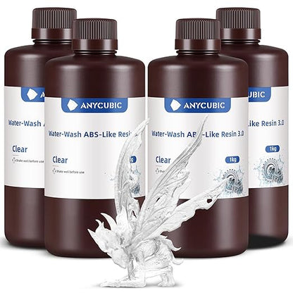 ANYCUBIC Water Washable ABS-Like Resin 3.0 Bundle, 3D Printer Resin, High Toughness and High Precision, Easy to Post-Process, Low Odor, Wide Compatibility for All LCD 3D Printers (Clear, 4kg)