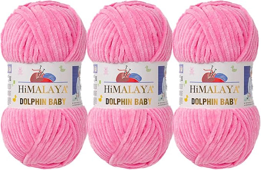 3 Skein/Pack Himalaya Dolphin Baby Chenille Yarn, Each Ball 100 gr (3.5 oz), 120 m (132 Yards), 100% Polyester, Super Bulky Baby Blanket Velvet Amigurumi Yarn, 80309 - Pink