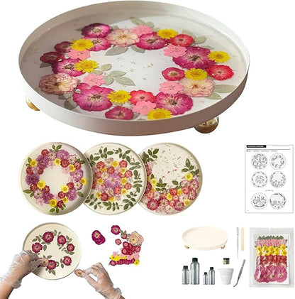 GooCare DIY Decorative Tray Craft Kit for Adult - Create Your Own Real Flower Tray with Epoxy Resin, Metal Tray for Vanity, Perfume, Key, Trinket Organizer, Table Decor (Beige, Basic)