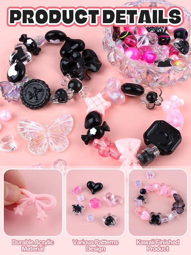 150PCS Acrylic Pastel Beads for Jewelry Making, Kalolary Colorful Bow Butterfly Flower Kawaii Plastic Candy Heart Cute Macaroon Aesthetic Beads for Bracelet Necklace DIY Supplies (Black Rose Pink)