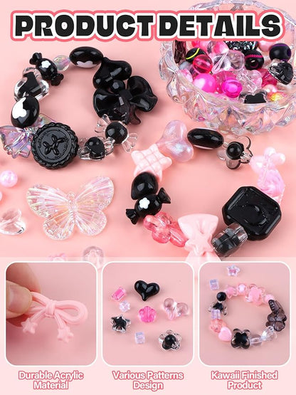 150PCS Acrylic Pastel Beads for Jewelry Making, Kalolary Colorful Bow Butterfly Flower Kawaii Plastic Candy Heart Cute Macaroon Aesthetic Beads for Bracelet Necklace DIY Supplies (Black Rose Pink)