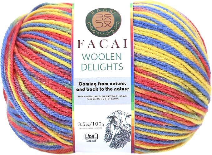 Facai Blend Merino Wool Yarn for Knitting - Worsted Weight,197yds (3.5oz) Ball, Ideal for Sweaters, Scarves, and Accessories (1, Red Yellow Blue)