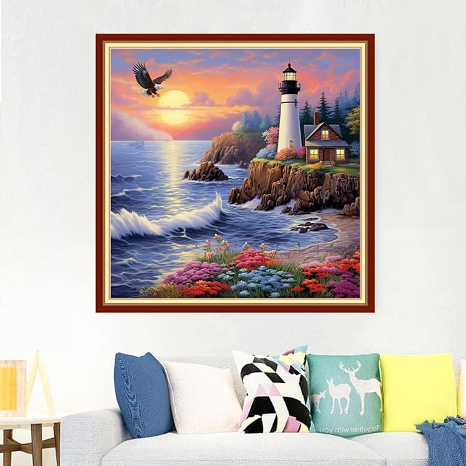 Foxdiviy Stamped Cross Stitch Kits Full Range of Embroidery Needlework Starter Kits for Beginners Adults 11CT Embroidery Patterns Art Crafts DIY Needlepoint Kits-Seaside Lighthouse 18x18 inch
