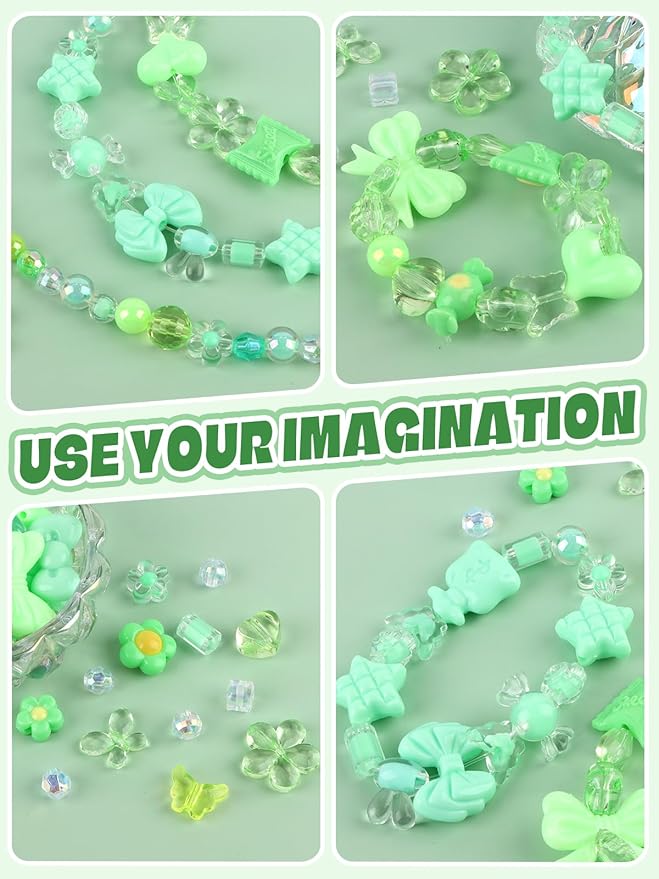 150PCS Acrylic Pastel Beads for Jewelry Making, Kalolary Colorful Bow Butterfly Flower Kawaii Plastic Candy Heart Cute Macaroon Aesthetic Beads for Bracelet Necklace DIY Supplies (Green)