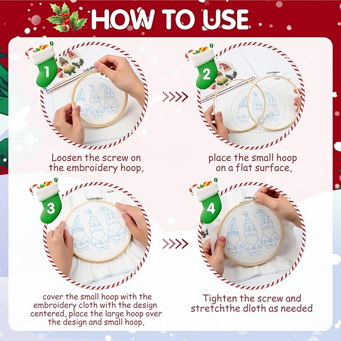 Christmas Embroidery Kit, DIY Hand Embroidery Kit, Beginner Embroidery Kit for Adults, Embroidery Christmas Ornament Kits (C)