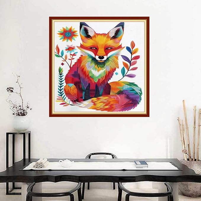 Joyhoor Stamped Cross Stitch Kits for Beginners Needlepoint Kits for Adults Embroidery Kits 11CT Counted Cross Stitch Kits Printed Embroidery Pattern-Colorful Fox 18x18 inchs