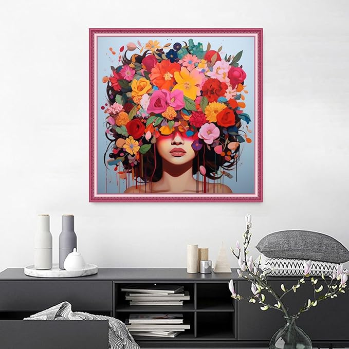 Joyhoor Cross Stitch Kits for Beginners Stamped Cross-Stitch Supplies Needlework preprint Embroidery Kits for Adults DIY Needlepoint Kits Embroidery Patterns 11CT-Colorful Flower Girl 18.x18 inch