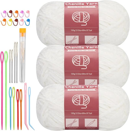 LUNARM Chenille Yarn for Crocheting Knitting, 3 Skein 263 Yard Thick Soft Chunky Fluffy Weaving Plush Yarn for Blankets Clothes Pattern Creations with Big Eye Needles (White)