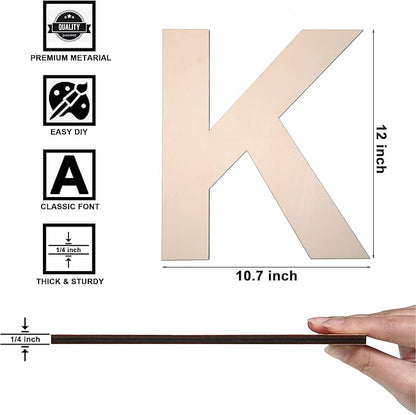 12 Inch Wooden Letter K, 1/4 Inch Thick Large Unfinished Wood Letter for DIY Crafts Home Wall Decor
