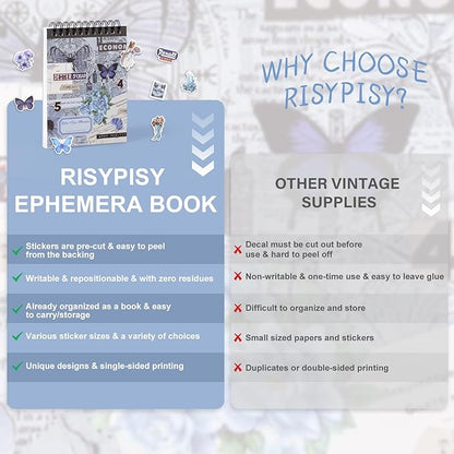RISYPISY Pre-Cut Vintage Ephemera Washi Scrapbook Sticker Book for Scrapbooking - 50 Sheets Blue Journaling Dark Academia Stickers for Junk Journal Scrap Book Supplies Arts Frame Album, 473PCS