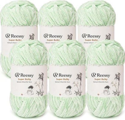 Velvet Chenille Yarn Pack – 6 Skeins × 100g Super Bulky (CYC #6) – Soft Velvet Chunky for Crocheting & Knitting, Fluffy Chenille Yarn for Blankets, Scarves & Crafts (Light Green)