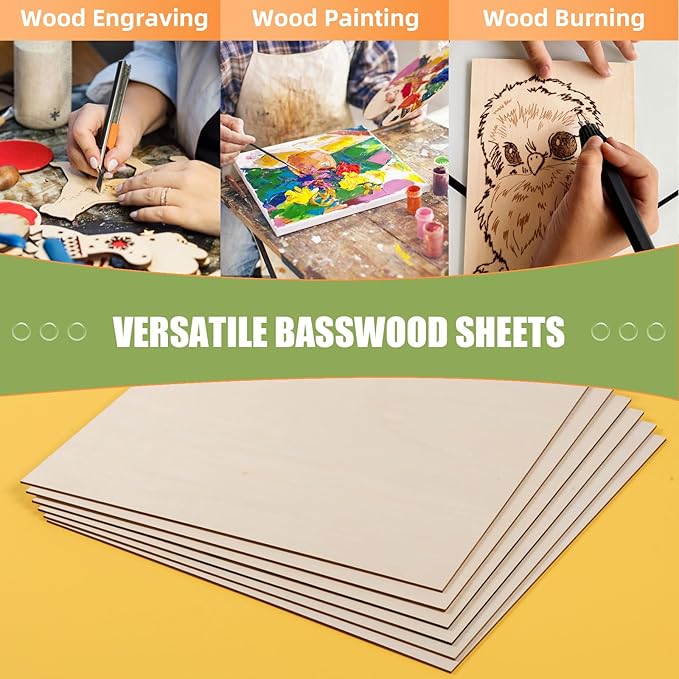AWIZOM 12 Pack Basswood Sheets for Crafts-18 x 18 x 1/8 Inch- 3mm Thick Plywood Sheets with Smooth Surfaces Unfinished Wood Boards for Laser Cutting, Wood Burning, Architectural Models, Staining