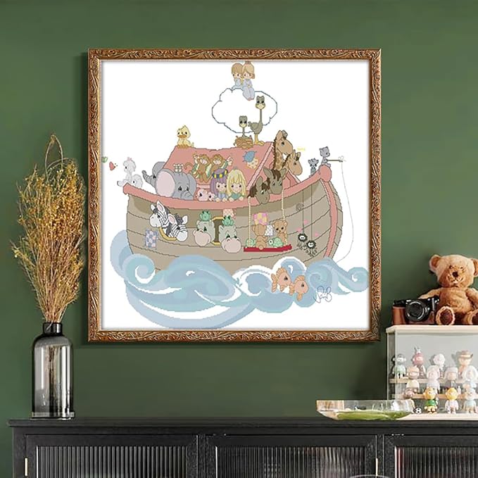 JOYSEWING Cartoon Animal Boat Stamped Kits Cross Stitch for Adults 11CT Counted Patterns Easy DIY Gift Embroidery Kits for Beginner Animal Craft kit Home Decor (Noah's ark (Printed) 32.7×29.9 inch