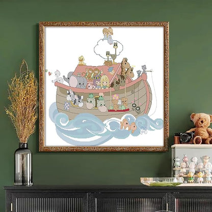 JOYSEWING Cartoon Animal Boat Stamped Kits Cross Stitch for Adults 11CT Counted Patterns Easy DIY Gift Embroidery Kits for Beginner Animal Craft kit Home Decor (Noah's ark (Printed) 32.7×29.9 inch