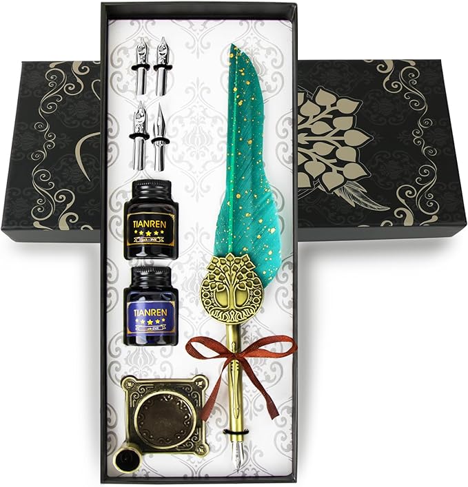 TIANREN Feather Pen and Ink Set,quill pen ink set,Antique Calligraphy Pen with 4 Replaceable Nibs,2 Bottle of ink,Pen Holder Christmas Gift for Men&Women.(Green)