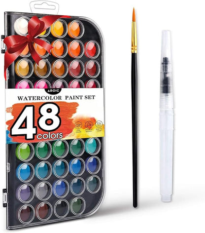 AROIC 48 Colors Watercolor Paint,Washable WaterColor Paint Set with a Refillable Water Brush Pen Travel Art Kit for Beginners & Artists Birthday Gift for Art Lovers 12 years old+