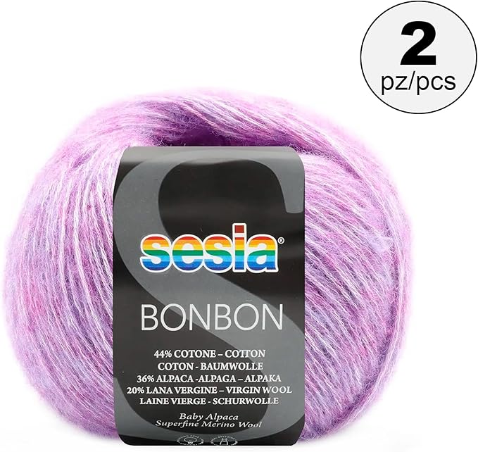 2 Skeins, Baby Alpaca, Superfine Merino Wool, Cotton, 458 Yds/3.5 oz., Needles US 6-7, Sesia Bon Bon (2, Lilac - 6532)