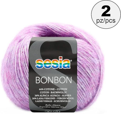 2 Skeins, Baby Alpaca, Superfine Merino Wool, Cotton, 458 Yds/3.5 oz., Needles US 6-7, Sesia Bon Bon (2, Lilac - 6532)